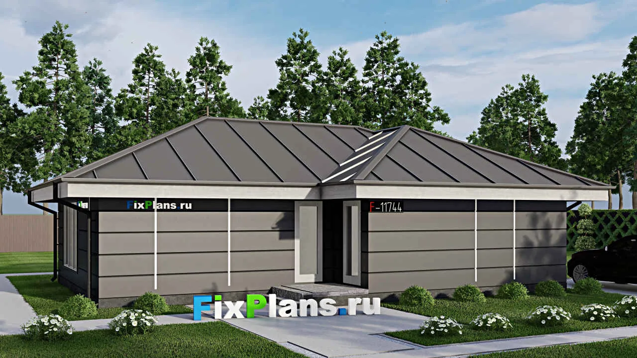 Проект бани F-11744: каркасная баня 11x12 м с тремя санузлами и просторной гостиной