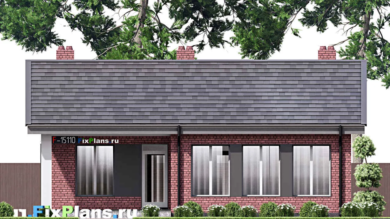 Проект бани F-15110 с сауной, большой комнатой отдыха и котельной из газобетона до 100 м²