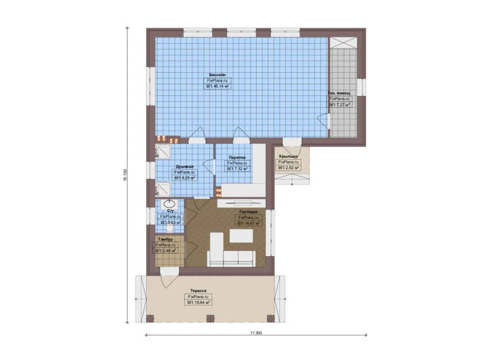 Проект бани F-15344: баня 15×11 м с просторной террасой, бассейном и кирпичными стенами