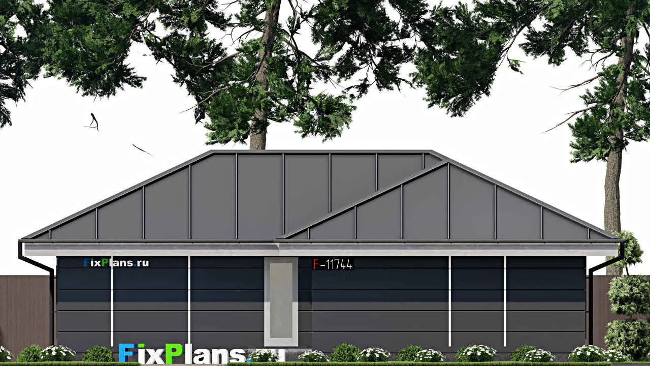 Проект бани F-11744: каркасная баня 11x12 м с тремя санузлами и просторной гостиной