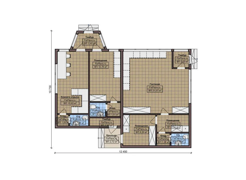 Проект бани F-11744: каркасная баня 11x12 м с тремя санузлами и просторной гостиной