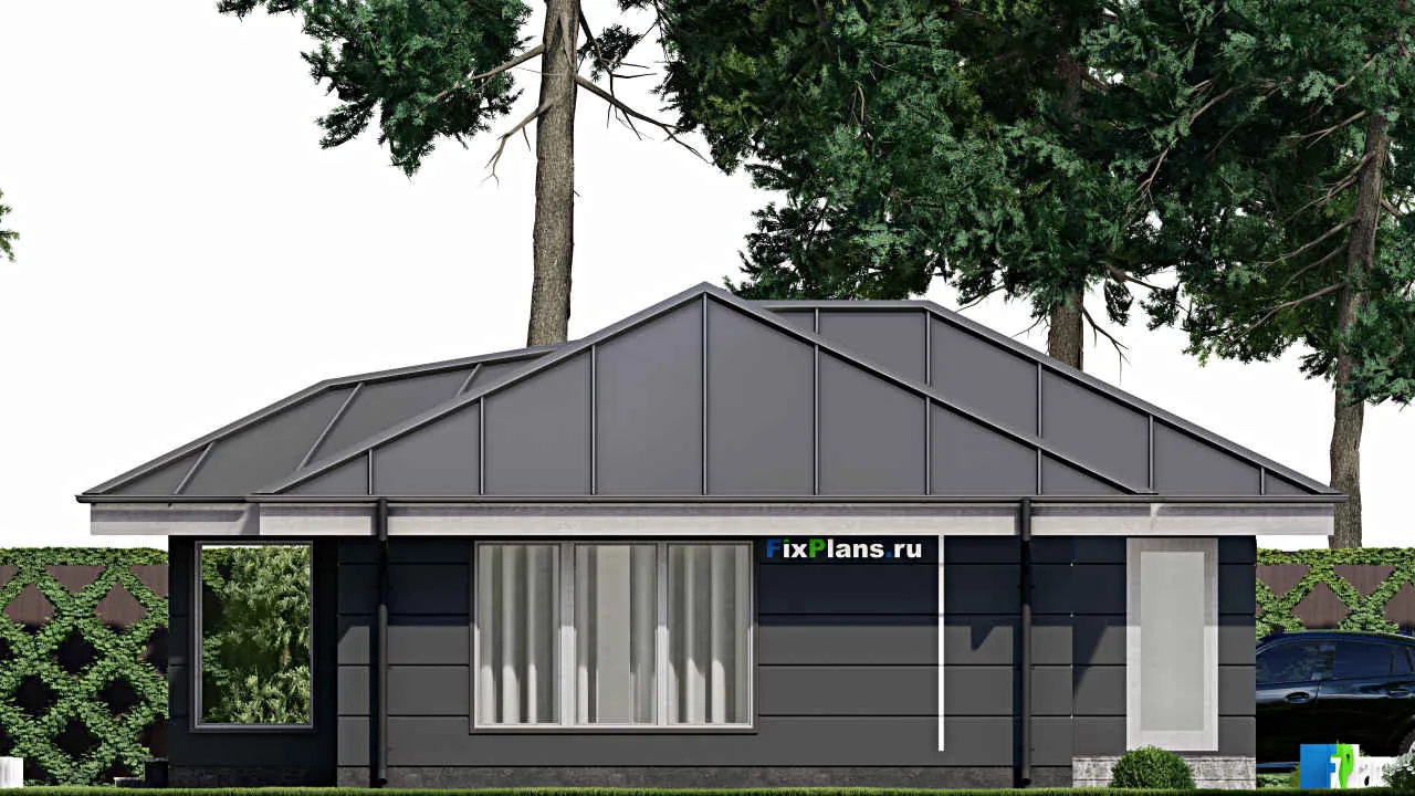 Проект бани F-11744: каркасная баня 11x12 м с тремя санузлами и просторной гостиной