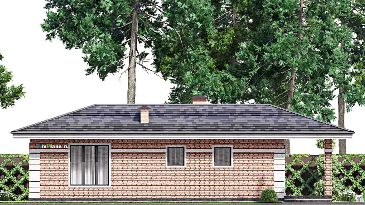 Проект бани F-15344: баня 15×11 м с просторной террасой, бассейном и кирпичными стенами