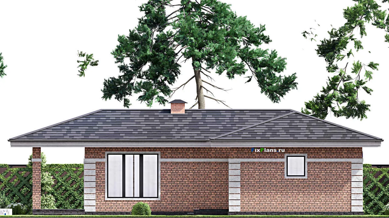 Проект бани F-15344: баня 15×11 м с просторной террасой, бассейном и кирпичными стенами